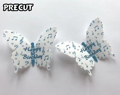 12 Happy Birthday Blue Music Notes Edible Wafer Paper Butterfly Cupcake Toppers • £3.55