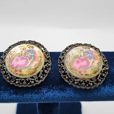 Vintage Victorian Courting Couple Round Painted Silver Tone Shoe Clips  Tip Toe  • $25.49