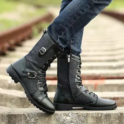 Punk Fashion Men's Military Buckle Lace Up Casual Boys Mid Calf Boots Side Zip • $61.40