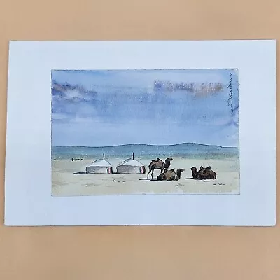 Original Mongolian Intricate Detail Watercolor Camel Yurt Signed Painting 6 X 4  • $45.95