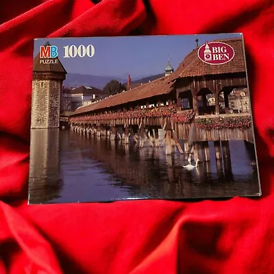 Vintage MB Big Ben 1000-Piece Jigsaw Puzzle Wooden Bridge Lucerne Switzerland • $12