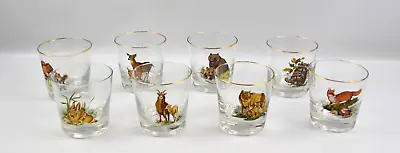 Vintage Set Of 8 Whisky Rocks Low Ball Glasses Wildlife Print Golden Color Rims • $43.99