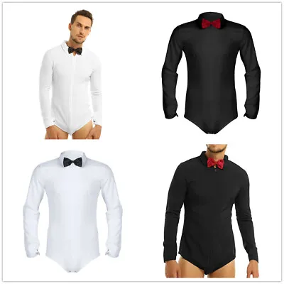 Mens Long Sleeve Zipper Prom Dress Shirts Ballroom Latin Dance Bowtie Leotard • £13.19