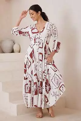 Cadie Maxi Dress - V Neck Buttoned Bodice 3/4 Sleeve Dress In Beachside Print • $71.95