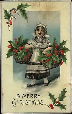 CHRISTMAS Dutch Girl Woven Baskets Holly 1908 HALLIE MITCHELL Milton VT Postcard • $7.19