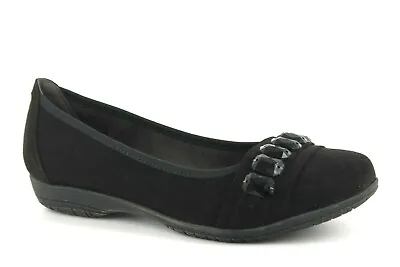 Jana Soft Line Womens UK 3 EU 36 Black Faux Suede Embellished Ballet Flats Shoes • £20.99