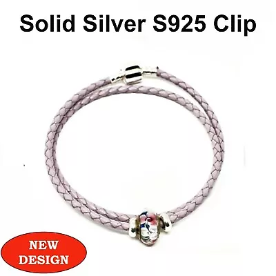 Double Leather Lilac Bracelet S925 Silver Clip Silver Stoppers & Murano Charm • £14.99