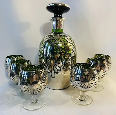 Vtg Silver Overlay Emerald Green Glass Decanter Floral Liquor Set • $55