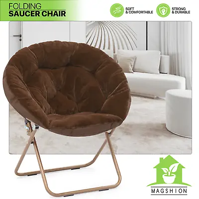 Foldable Faux Fur Saucer Lounge Chair Brown Modern Cozy Moon Seat W/Metal Frame • $63.99