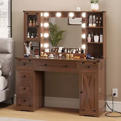 Farmhouse Makeup Vanity Desk With Mirror And Lights Large Vanity Table (Brown) • $239.97