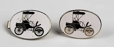 Vintage Ford T Model Car 1 Cufflink And 1 Tie Clip Set Gold-Tone White Enamel • $4.99