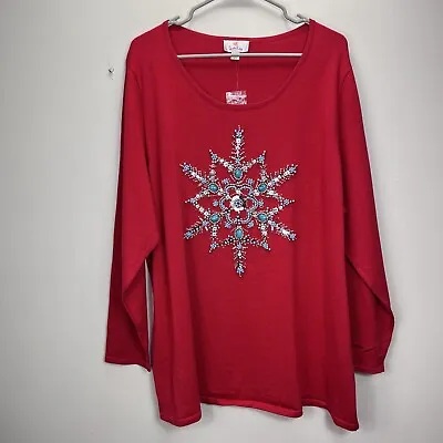 NWT Quacker Factory Red Beaded Snowflake Sequins Long Sleeve Knit Top 2X • $32.99