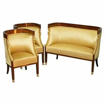 1870 French Empire Marquetry Inlaid Suite Pair Bergere Armchairs & Settee Canape • $5053