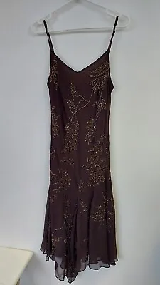 JMD New York Brown Beaded Occasion Strappy Dress 90's Style Women's Size 10 • £23
