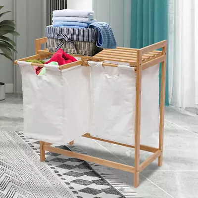 Bamboo Laundry Basket Dual Compartments Linen Canvas Clothes Hamper Storage • $37.06