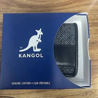KANGOL Black Leather HARRY Gray Herringbone Tweed Mens BIFOLD WALLET $65 NEW • $26.99