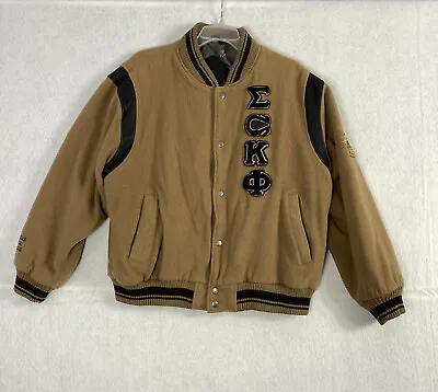 VTG Ecko Wool Coat Men XL 90's Y2K Patch Sleeve Logo Leather Tan Embroidered • $126