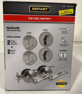 Defiant Keyed Entry 2 Cylinder Deadbolts/ 2 Keyed Levers Set Naples Satin Nickel • $15.95