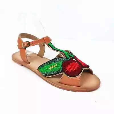 Miss L Fire Cherry Beaded Flat Leather Sandals Women's Size 41 US 10 • $80