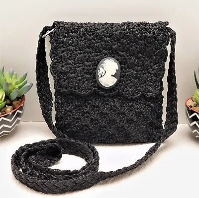 Vintage Black Crochet Cameo Cross Body Zipper Phone Purse • $12