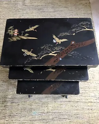 Nest Of Tables Japanese Chinoserie Lacquered Ebonised Oriental Asian Vintage TLC • £100