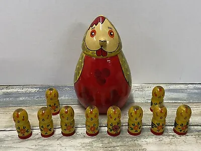 Nesting Wooden Mother Hen With Ten Babies Made In Russia 1970s Vintage • $20