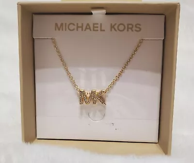 New Michael Kors MK Logo Crystals Pendant Gold Tone Necklace Brass • $59.99