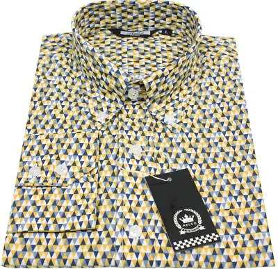 £44.99 • Buy Mustard Black Geometric Dot Men's Button Down Shirt 100% Cotton -Relco NEW