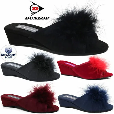 Women Ladies Dunlop Slippers Faux Suede Wedge Pom Pom Fur Wedge Peep Toe Shoes • £17.95