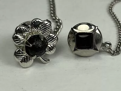 Black Gemstones Silver Tone 4 Leaf Clover Tie Tacks With Bar & Chain Lot Of 2 • $11.70