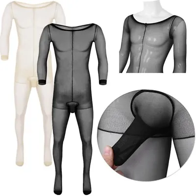 US Men Sheer Bodysuit Long Sleeves Stretchy Full Body Stockings Sheath Underwear • $9.35
