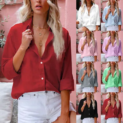 £10.99 • Buy Womens Long Sleeve Linen Shirt Ladies Casual Baggy Button-up Plain Blouse Tops