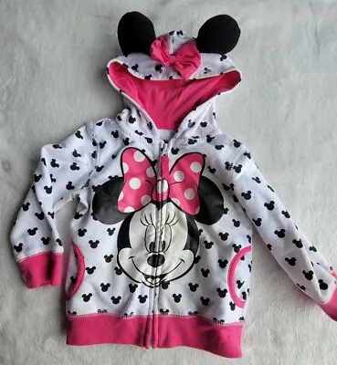 DISNEY JUNIOR Minnie Mouse Girls 2T Zipper Front Hoodie Sweater Pink Black • $4.50