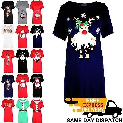 Womens Ladies Christmas Reindeer Xmas Pudding Baggy Oversized T Shirt Mini Dress • £7.29