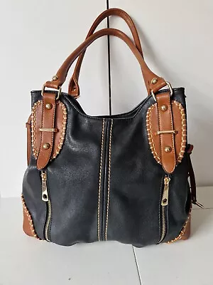 Ladies Black Brown Medium Shoulder Tote Bag Two Straps Zip Details Casual • £13.99