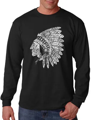 Men's Sketch Indian Chief Long Sleeve Black T Shirt Native American Tribal Aztec • $15.99