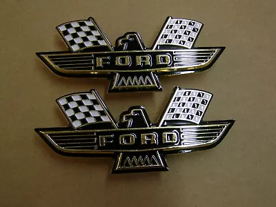 Ford Crossed Flag Fender Emblems Gold Mustang Fairlane Galaxie Falcon 1963 1964+ • $186.73