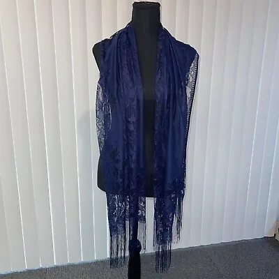 Women's Elegant Floral Lace Shawl Scarf Blue Fringe Clothing Accessory Formal • $17.95