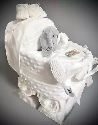 NAPPY CAKE PRAM Luxury Pure Baby White Baby Shower Or Maternity Gift. • £54.50