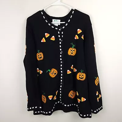 Quacker Factory Cardigan Women's Large Black Pumpkin Halloween Sweater Cany Corn • $24.99