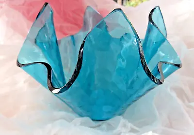 Chance Pilkington Handkerchief Vase 4  Turquoise Blue Hammered Glass V.g.c • £14.85