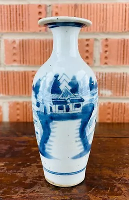 Antique Chinese Export Porcelain Vase Blue And White Landscape 18th Century 17cm • $3.98