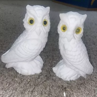 2 Vintage Himark Italy White Salt Rock Horned Owl Figurine Yellow Eyes Italian • $0.99