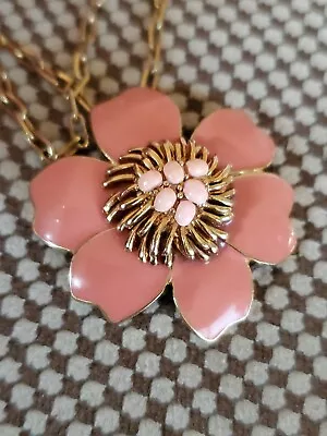 Collectible Jewelry Necklace Signed J. Crew Goldtone Peach Enamel Flower Pendant • $14.75