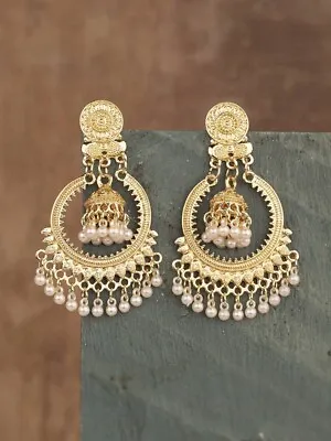 Gold Coloured With Pearl Beads Jhumka Hoop Earrings Indian Desi Fashion • $24.95
