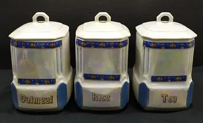 Lot 3 Vintage Mepoco Luster Ware Canisters Jar Porcelain Iridescent Gold Blue • $28.97