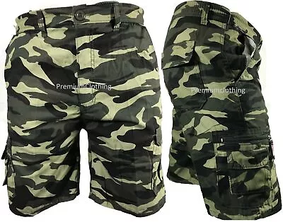 Mens Camouflage Elasticated Lightweight Shorts Cargo Combat Multi Pocket Cotton • £10.99