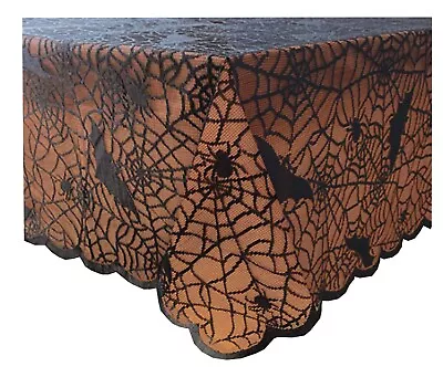 Halloween Black Spider Web Lace Bats 60 X 84 Tablecloth Orange Liner Scalloped • $24