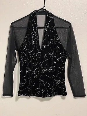 J.R. Nites By Caliendo Sz 10 Black Velvet Top Blouse Shirt With Sparkle Preowned • $12.95