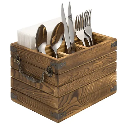 MyGift Rustic Burnt Wood Dining Utensils Flatware Caddy With Antique Handles • $27.99
